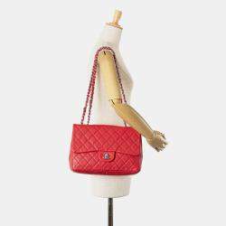 Pre Owned Chanel Red Jumbo Classic Caviar Single Flap