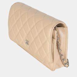 Pre Owned Chanel 15C Beige Quilted Caviar Classic Wallet On Chain