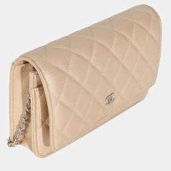 Pre Owned Chanel 15C Beige Quilted Caviar Classic Wallet On Chain