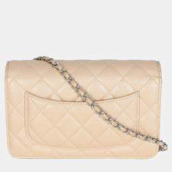 Pre Owned Chanel 15C Beige Quilted Caviar Classic Wallet On Chain