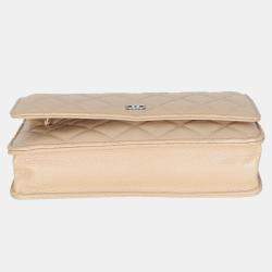 Pre Owned Chanel 15C Beige Quilted Caviar Classic Wallet On Chain