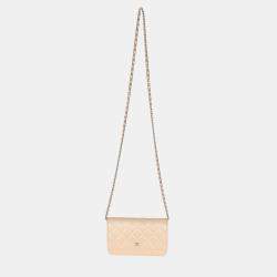 Pre Owned Chanel 15C Beige Quilted Caviar Classic Wallet On Chain