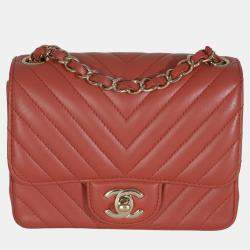 Pre Owned Chanel Coral Chevron Calfskin Quilted Mini Square Flap Bag