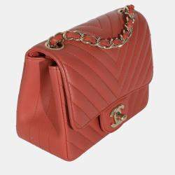 Pre Owned Chanel Coral Chevron Calfskin Quilted Mini Square Flap Bag