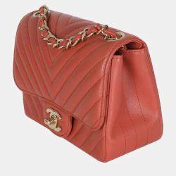 Pre Owned Chanel Coral Chevron Calfskin Quilted Mini Square Flap Bag