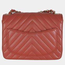 Pre Owned Chanel Coral Chevron Calfskin Quilted Mini Square Flap Bag