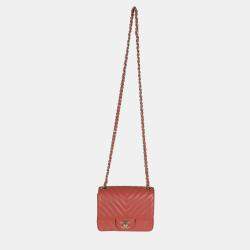 Pre Owned Chanel Coral Chevron Calfskin Quilted Mini Square Flap Bag
