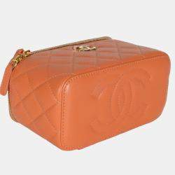 Pre Owned Chanel Orange Quilted Lambskin Beaded Small Top Handle Vanity Case With Chain