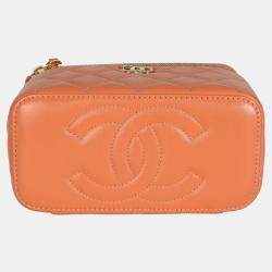 Pre Owned Chanel Orange Quilted Lambskin Beaded Small Top Handle Vanity Case With Chain
