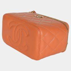 Pre Owned Chanel Orange Quilted Lambskin Beaded Small Top Handle Vanity Case With Chain