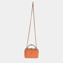 Pre Owned Chanel Orange Quilted Lambskin Beaded Small Top Handle Vanity Case With Chain