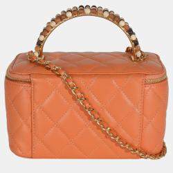 Pre Owned Chanel Orange Quilted Lambskin Beaded Small Top Handle Vanity Case With Chain