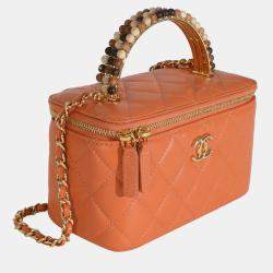 Pre Owned Chanel Orange Quilted Lambskin Beaded Small Top Handle Vanity Case With Chain