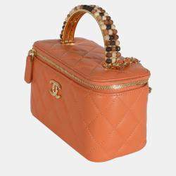 Pre Owned Chanel Orange Quilted Lambskin Beaded Small Top Handle Vanity Case With Chain