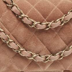 Pre Owned Chanel Beige Quilted Suede Medium Classic Double Flap Bag