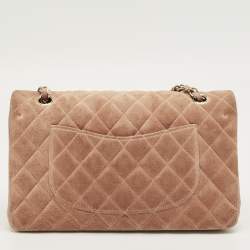 Pre Owned Chanel Beige Quilted Suede Medium Classic Double Flap Bag