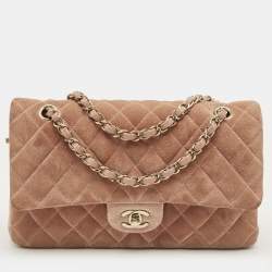 Pre Owned Chanel Beige Quilted Suede Medium Classic Double Flap Bag