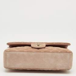Pre Owned Chanel Beige Quilted Suede Medium Classic Double Flap Bag