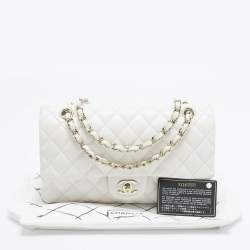 Pre Owned Chanel White Quilted Caviar Leather Medium Classic Double Flap Bag