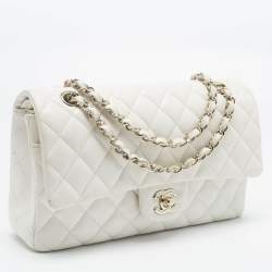 Pre Owned Chanel White Quilted Caviar Leather Medium Classic Double Flap Bag