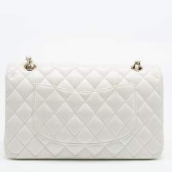 Pre Owned Chanel White Quilted Caviar Leather Medium Classic Double Flap Bag