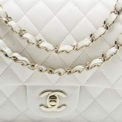 Pre Owned Chanel White Quilted Caviar Leather Medium Classic Double Flap Bag