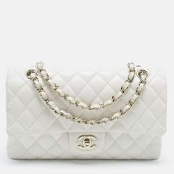 Pre Owned Chanel White Quilted Caviar Leather Medium Classic Double Flap Bag