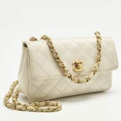 Pre Owned Chanel Off White Quilted Satin Vintage Flap bag