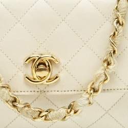 Pre Owned Chanel Off White Quilted Satin Vintage Flap bag