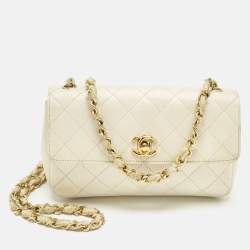 Pre Owned Chanel Off White Quilted Satin Vintage Flap bag