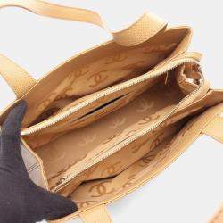 Pre Owned Chanel Coco Mark Shoulder Handbag Leather Grained Calfskin Beige
