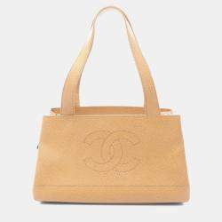 Pre Owned Chanel Coco Mark Shoulder Handbag Leather Grained Calfskin Beige