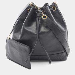 Pre Owned Chanel Triple Cc Logo Drawstring Chain Shoulder Bag Calfskin Black