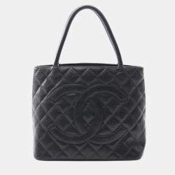 Pre Owned Chanel Medallion Tote Bag Leather Grained Calfskin Black