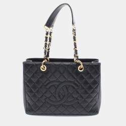 Pre Owned Chanel Black Leather Matelasse Grand Shopping Gst Tote Chain Shoulder Bag GHW