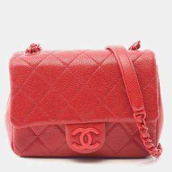 Pre Owned Chanel Matelasse Chain Shoulder Bag Leather Grained Calfskin Red Cc