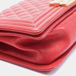 Pre Owned Chanel Boy Chanel CC Red Grained Calfskin Chain Shoulder Bag 