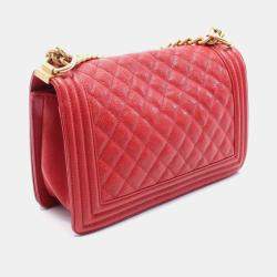 Pre Owned Chanel Boy Chanel CC Red Grained Calfskin Chain Shoulder Bag 