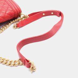 Pre Owned Chanel Boy Chanel CC Red Grained Calfskin Chain Shoulder Bag 