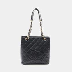 Pre Owned Chanel Matelasse Pst Tote Chain Shoulder Bag Calfskin Black