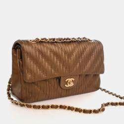 Pre Owned Chanel Medium Calfskin Pleated Chevron Chanel Classic Flap
