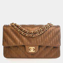 Pre Owned Chanel Medium Calfskin Pleated Chevron Chanel Classic Flap