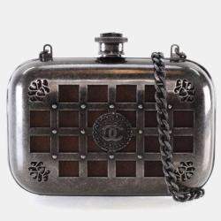 Pre Owned Chanel Mini Grey Gunmetal Grid Cage Clutch