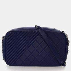 Pre Owned Chanel Navy Blue Lambskin Coco Boy Camera Bag