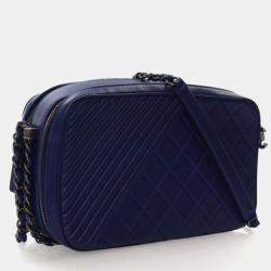 Pre Owned Chanel Navy Blue Lambskin Coco Boy Camera Bag