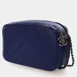 Pre Owned Chanel Navy Blue Lambskin Coco Boy Camera Bag