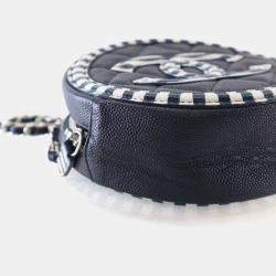 Pre Owned Chanel Blue/White Caviar Round Filigree Clutch With Chain
