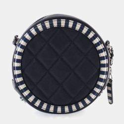 Pre Owned Chanel Blue/White Caviar Round Filigree Clutch With Chain