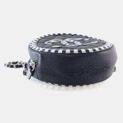 Pre Owned Chanel Blue/White Caviar Round Filigree Clutch With Chain