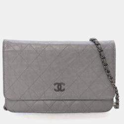 Pre Owned Chanel Crinkled Grey Calfskin Wallet On Chain (WOC)